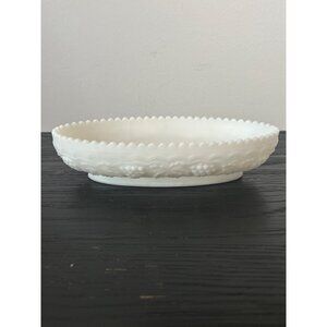 VTG Indiana Glass Satin Milk Glass Oval Serving Dish Grape Cluster & Leaf Motif
